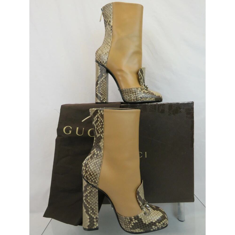 NIB GUCCI 363803 LILLIAN BEIGE PYTHON BROWN HORSEBIT ANKLE BOOTS 37.5 ITALY - Picture 5 of 9